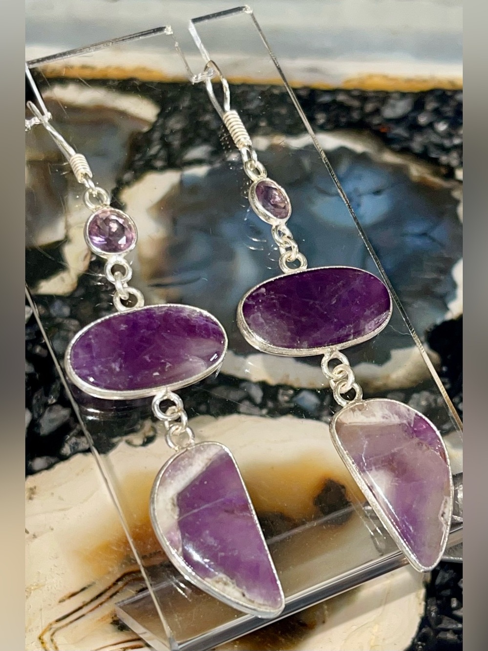 Chevron Purple Amethyst Earrings 3”
